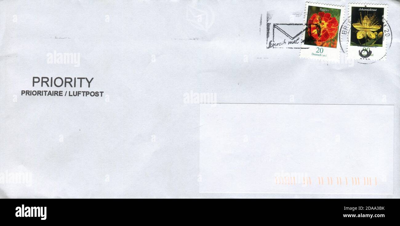 GOMEL, BELARUS - NOVEMBER 11, 2020: Old envelope which was dispatched from Germany to Gomel, Belarus, July 1, 2020. Stock Photo