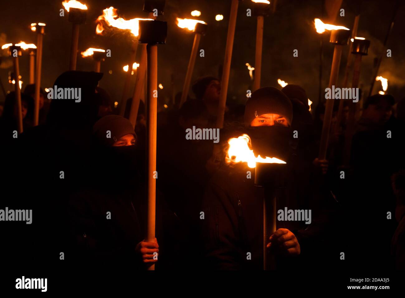 KIEV, UKRAINE - Jan. 01, 2018: Ukrainian nationalist activists mark the 109th birth anniversary of Stepan Bandera, one of the founders of the Organization of Ukrainian Nationalists (OUN) Stock Photo