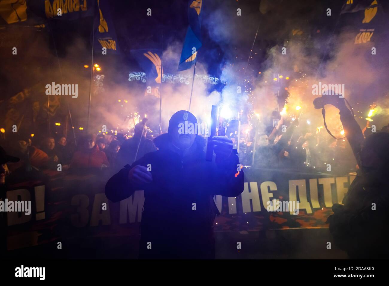 KIEV, UKRAINE - Jan. 01, 2018: Ukrainian nationalist activists mark the 109th birth anniversary of Stepan Bandera, one of the founders of the Organization of Ukrainian Nationalists (OUN) Stock Photo