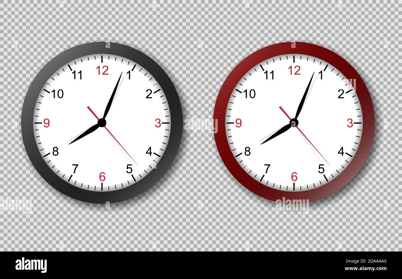 Realistic office clock. Wall round watches with time arrows and clock