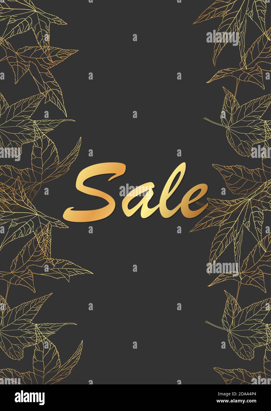 Vector pattern. Golden outline leaves on black background for fabric design,  textile print, wrapping paper or web backgrounds. Stock Vector