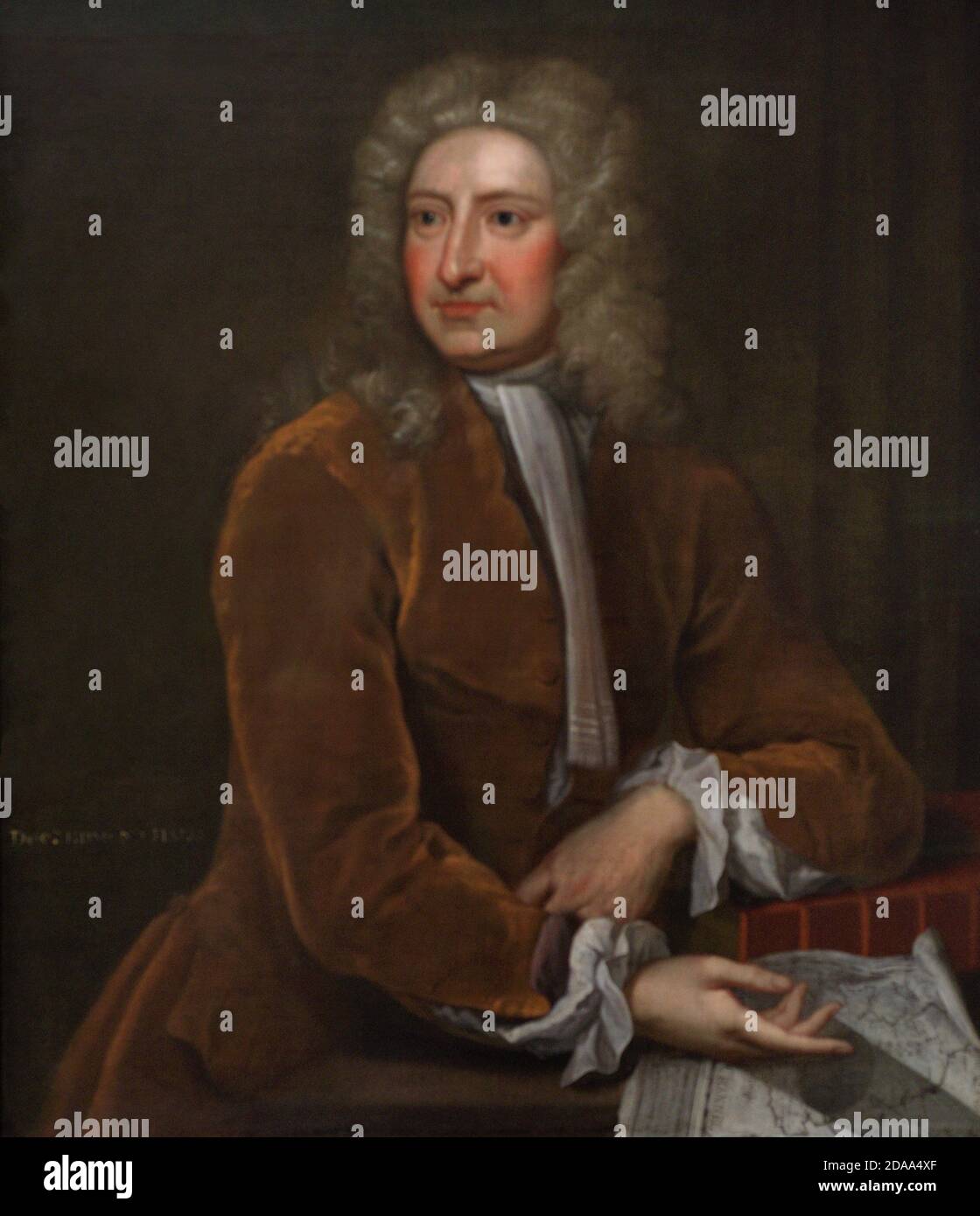 Edmond Halley (1656-1742). British astronomer and mathematician. Portrait attributed to Isaac Whood (1688-1752). Halley is depicted with a volume marked 'Newton' and a chart showing the path across southern England which he predicted for the total solar eclipse of May 3, 1715. Oil on canvas (93,3 x 78,7 cm), c. 1720. National Portrait Gallery. London, England, United Kingdom. Stock Photo