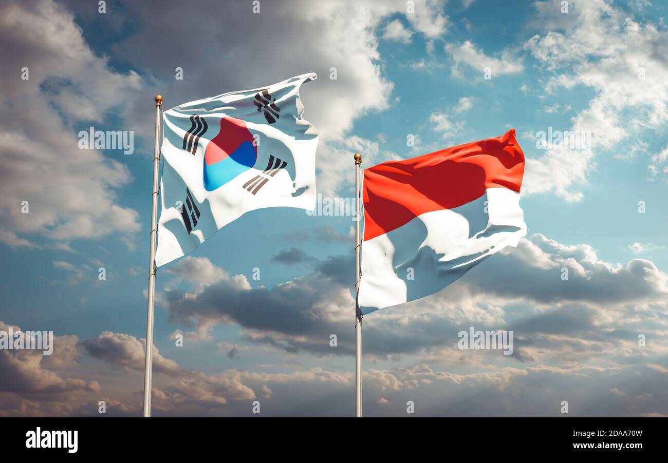 Beautiful national state flags of South Korea and Indonesia together at