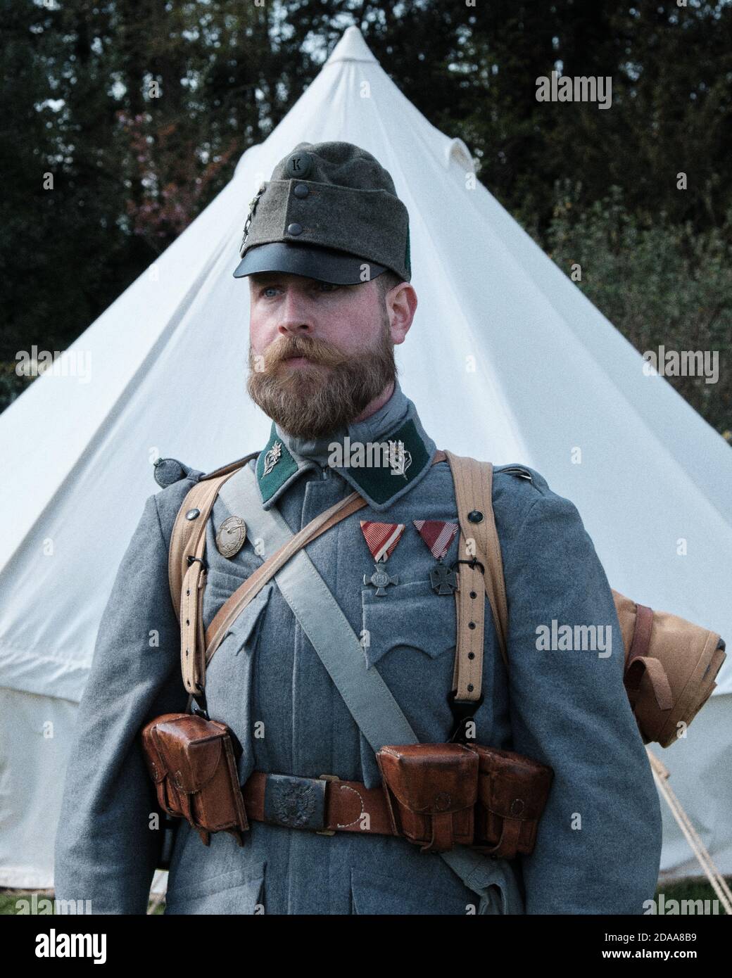 Re-enactor in WW1 Alpenkorps uniform at the No Man's Land event, Bodryddan Hall, Wales Stock Photo
