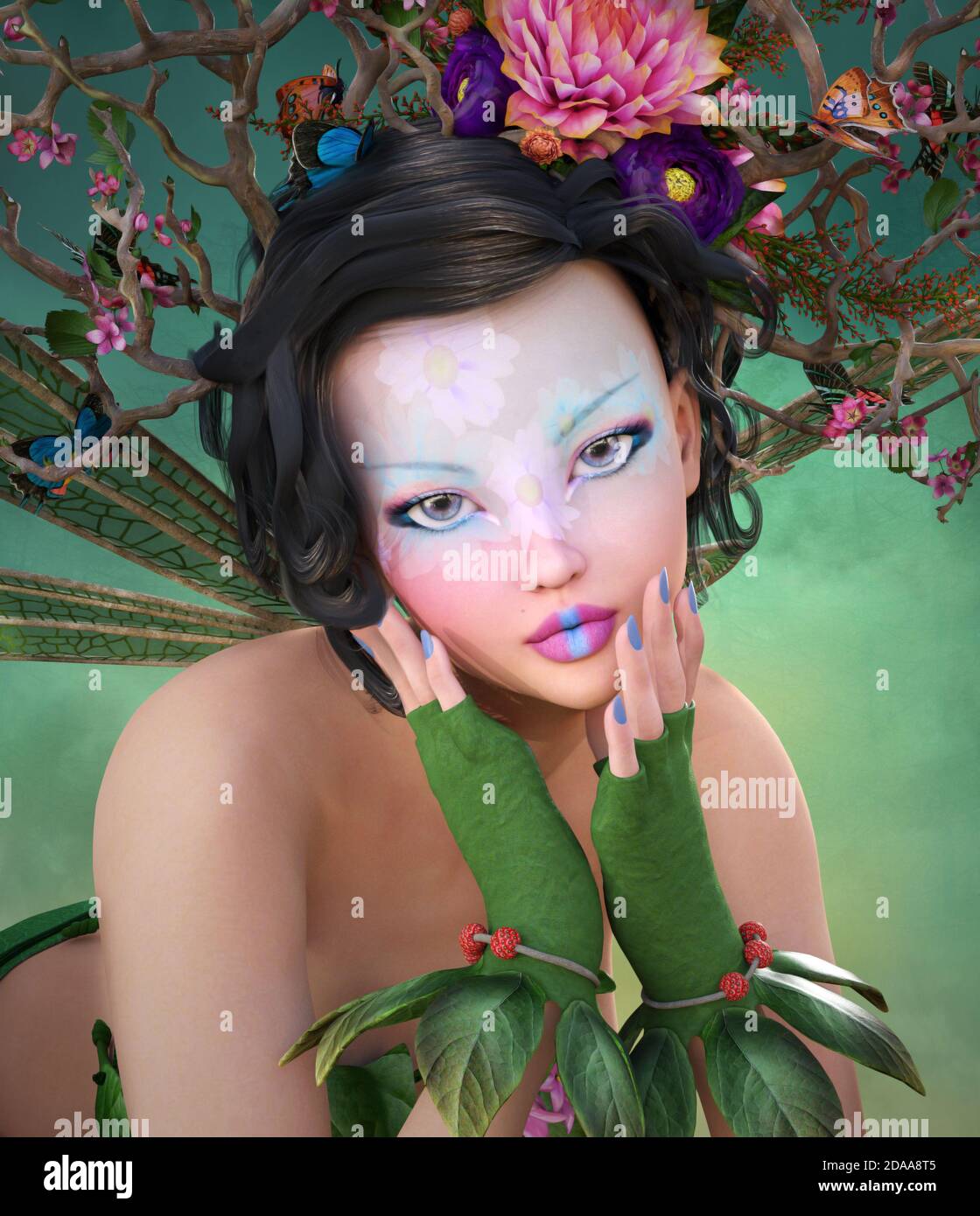 Portrait of a beautiful fairy with crown made of branches and leaves Stock Photo