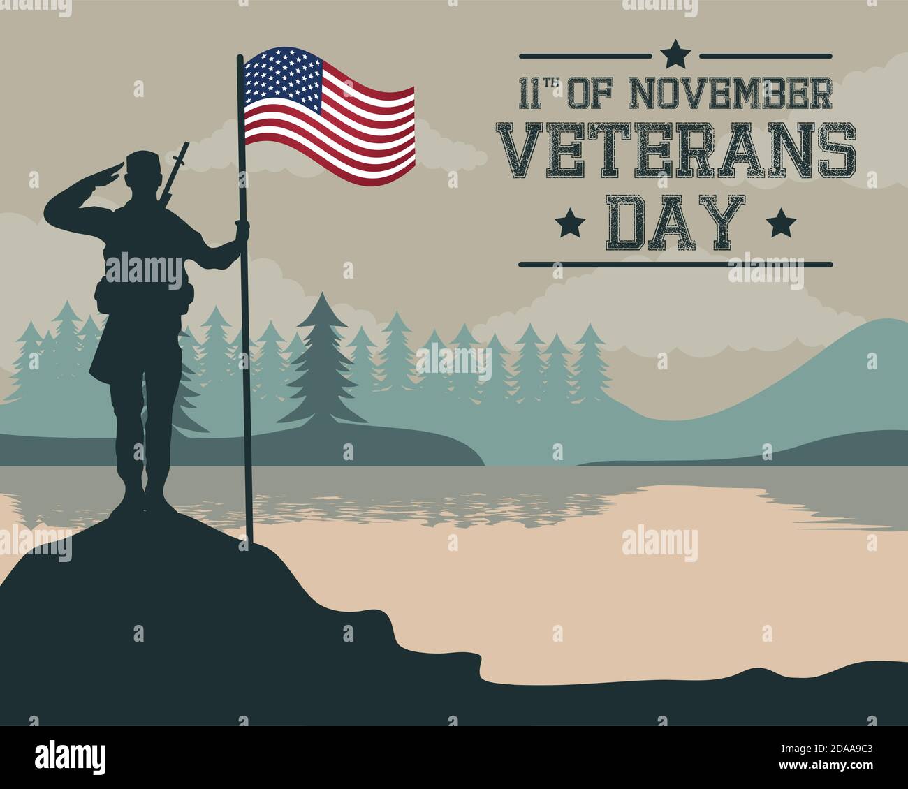 happy veterans day celebration card with soldier saludating usa flag in ...