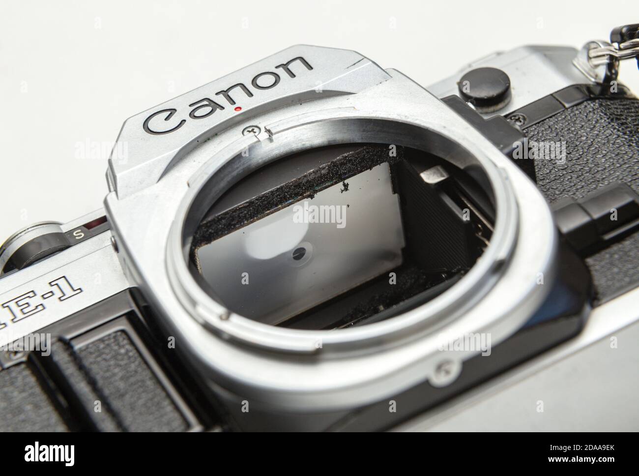 Foam mirror buffers disintegrating on a Canon AE1 SLR film camera,1978 model, old and dusty condition. Stock Photo