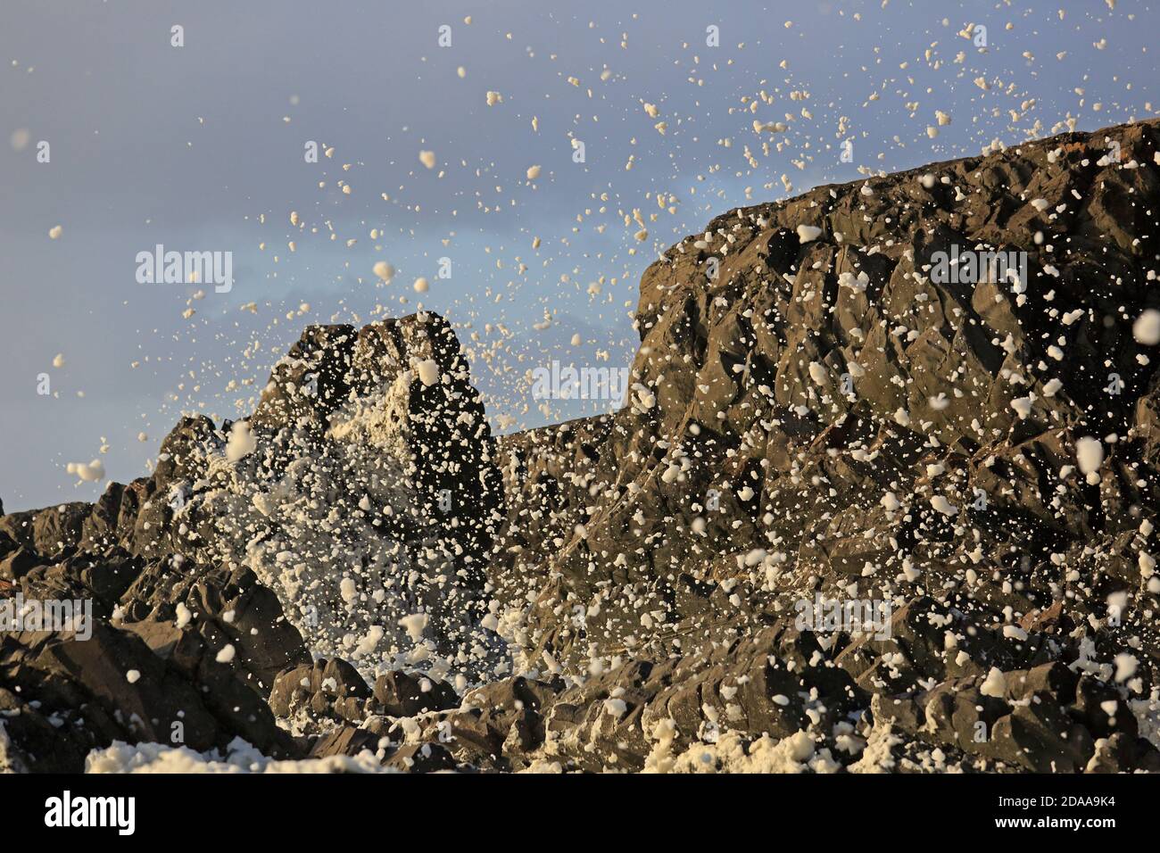 Sea Spume being blown onto the rocks at Welcombe Mouth during a storm in Cornwall Stock Photo