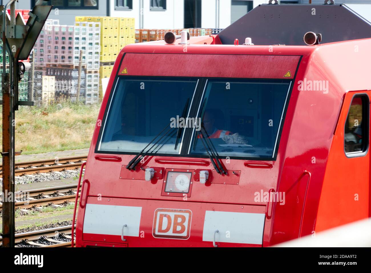 Close-up of a red railcar of Deutsche Bahn, DB, on the siding at the station in Wolfsburg, Germany, September 5., 2020 Stock Photo