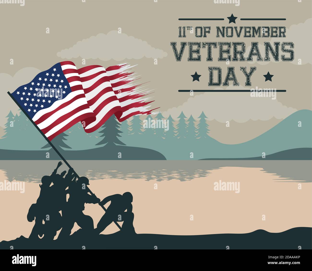 happy veterans day celebration card with soldiers lifting usa flag in ...