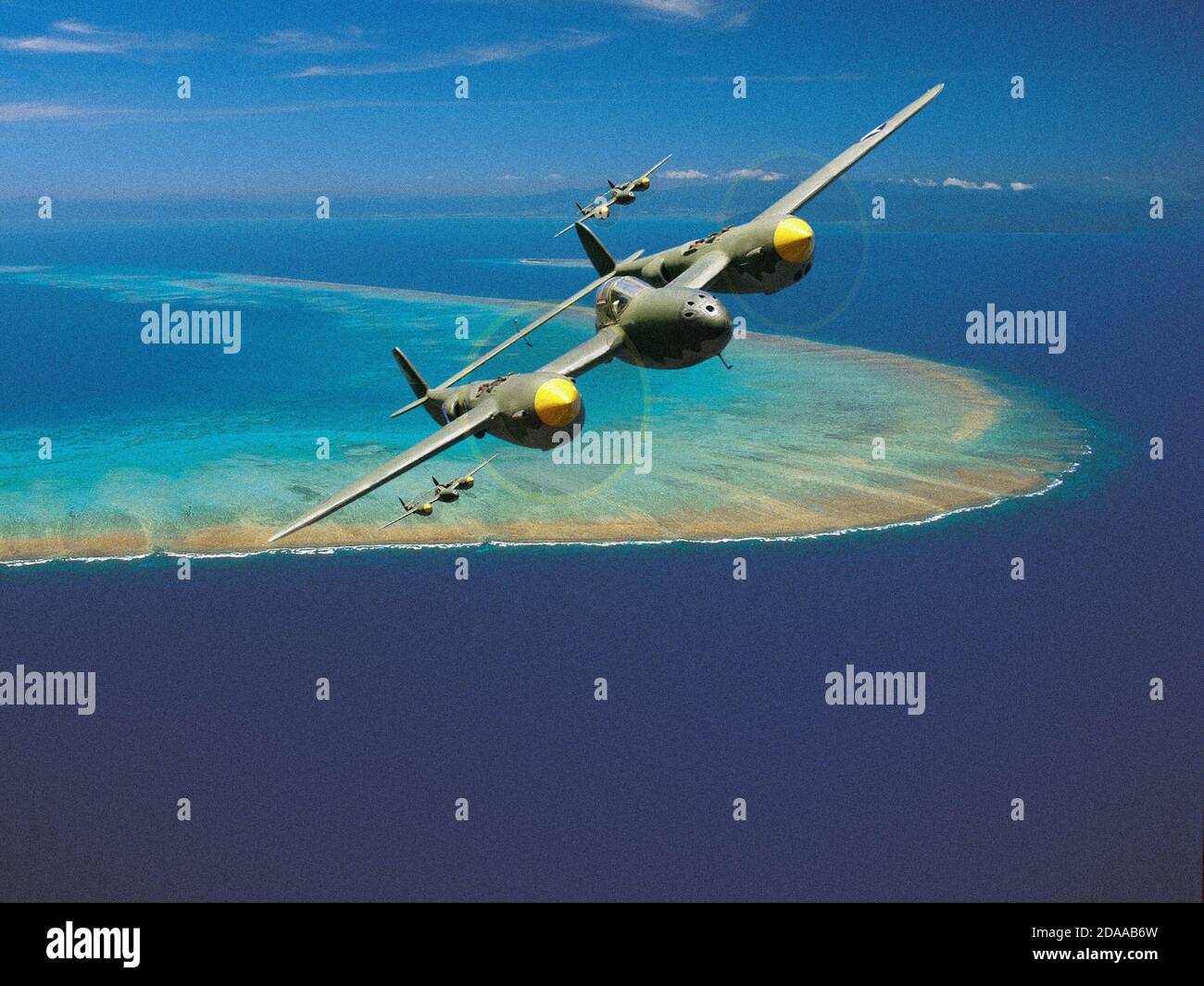 World War Two Lockheed P38 Lightning fighter aircraft over a  Pacific atoll scenario, using plastic models and Photoshop. Stock Photo
