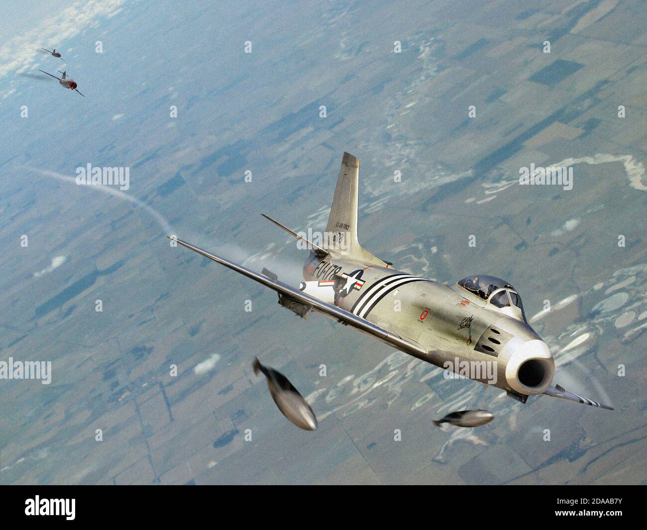 North American F86 Sabre jet fighters duelling with MiG15 jets during ...