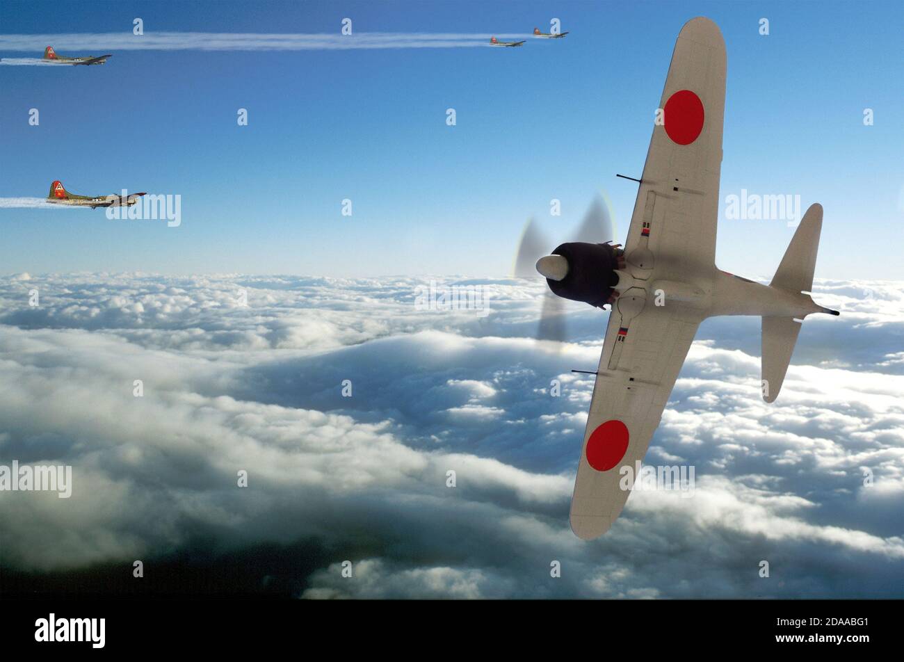 World War Two Japanese A6M Zero fighter aircraft scenario using plastic models and Photoshop Stock Photo