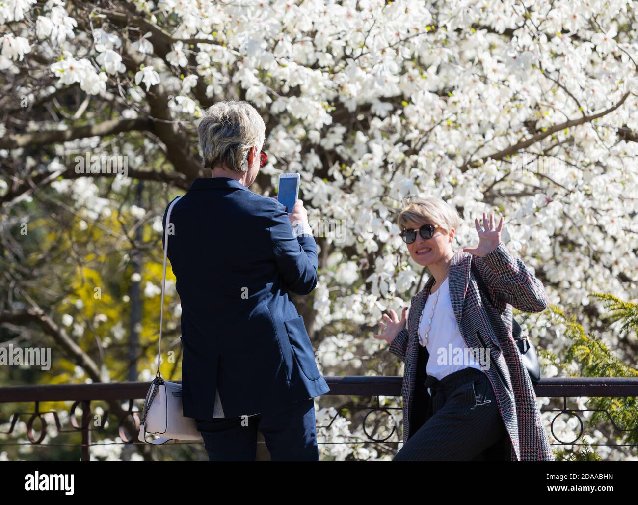 KYIV, UKRAINE - Apr 18, 2018: People enjoy magnolia blossoms. People photograph and making selfies in blossoming magnolia garden. Blossoming magnolia Stock Photo
