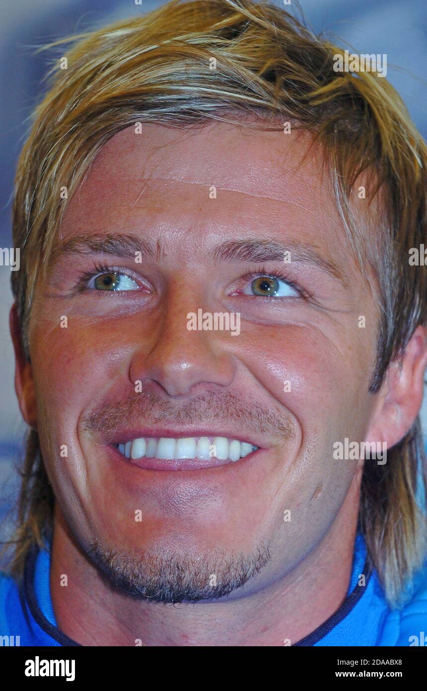 2nd September 2005  England soccer captain David Beckham speaks at a news conference at the Holland House Hotel in Cardiff, Wales, UK ahead of the team's World Cup qualifier against Wales at the Millennium Stadium. Stock Photo
