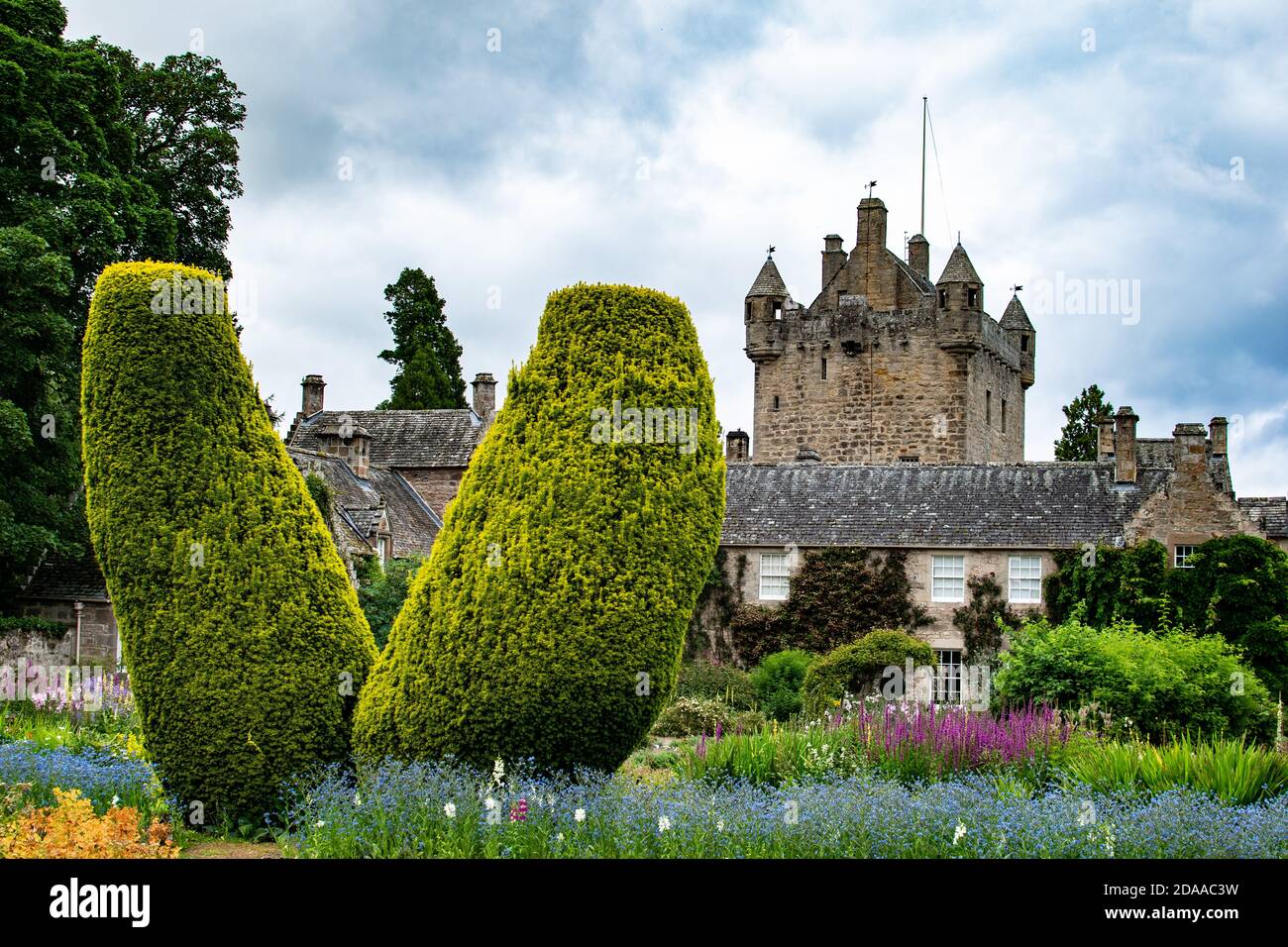 An image of the beautiful gardens of Cawdor castle with the stunning castle in the background. Stock Photo