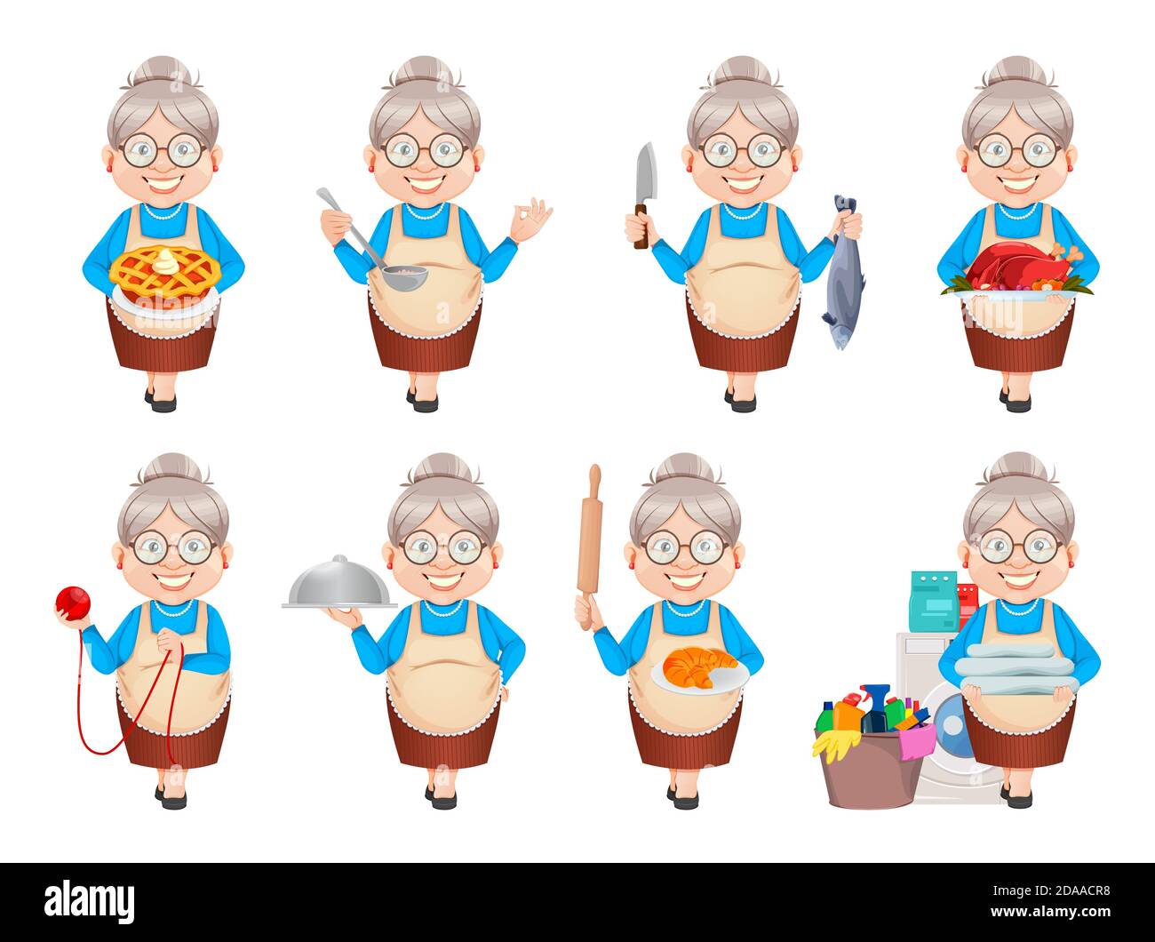 Grandma cartoon character, set of eight poses. 8 March, Happy Grandparents Day. Old cute woman. Vector illustration. Stock Vector