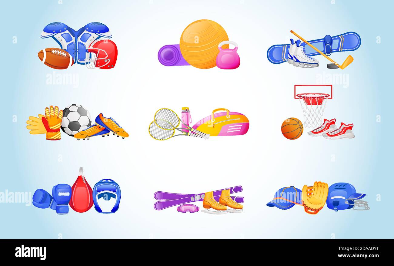 Sports equipment flat color vector objects set Stock Vector