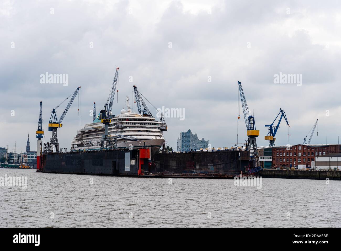 Hamburg, Germany - August 4, 2019: Cruise under repair at the Elbe shipyard in Hamburg. Stock Photo