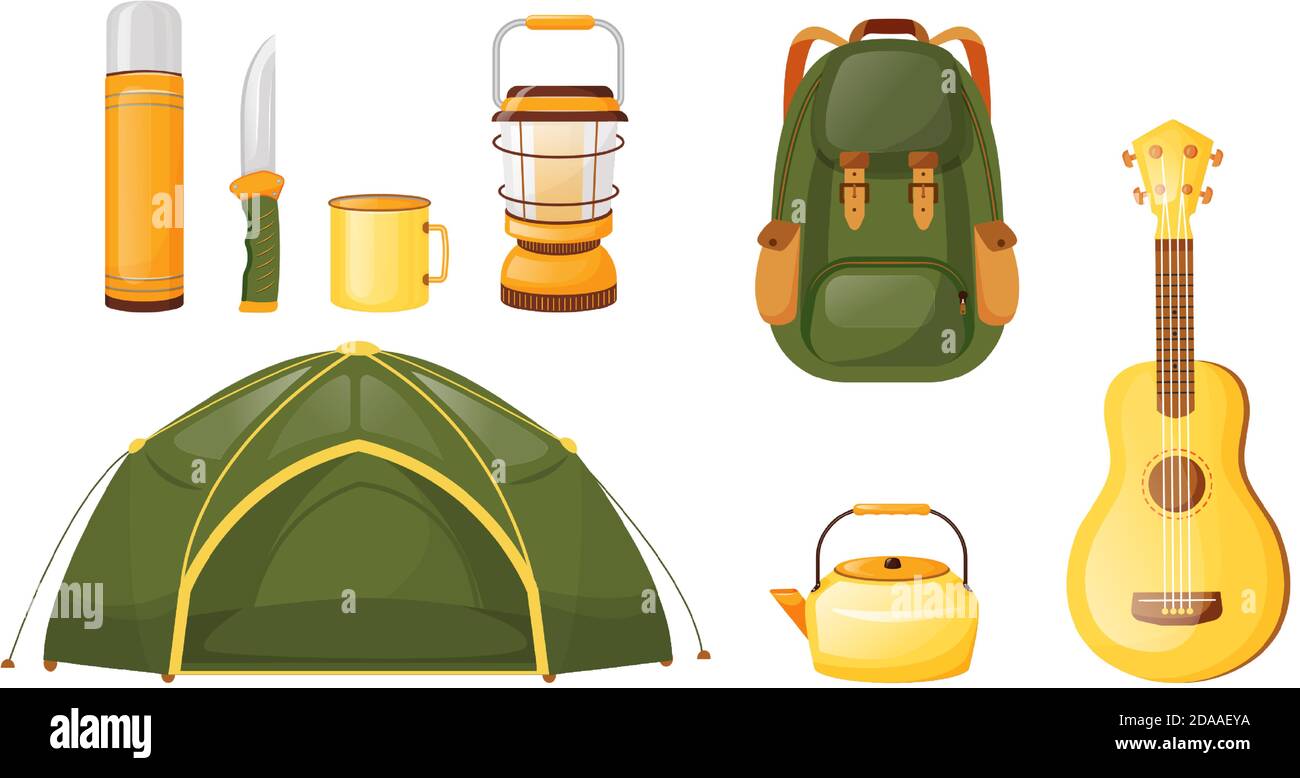 Camping equipment flat color vector objects set Stock Vector