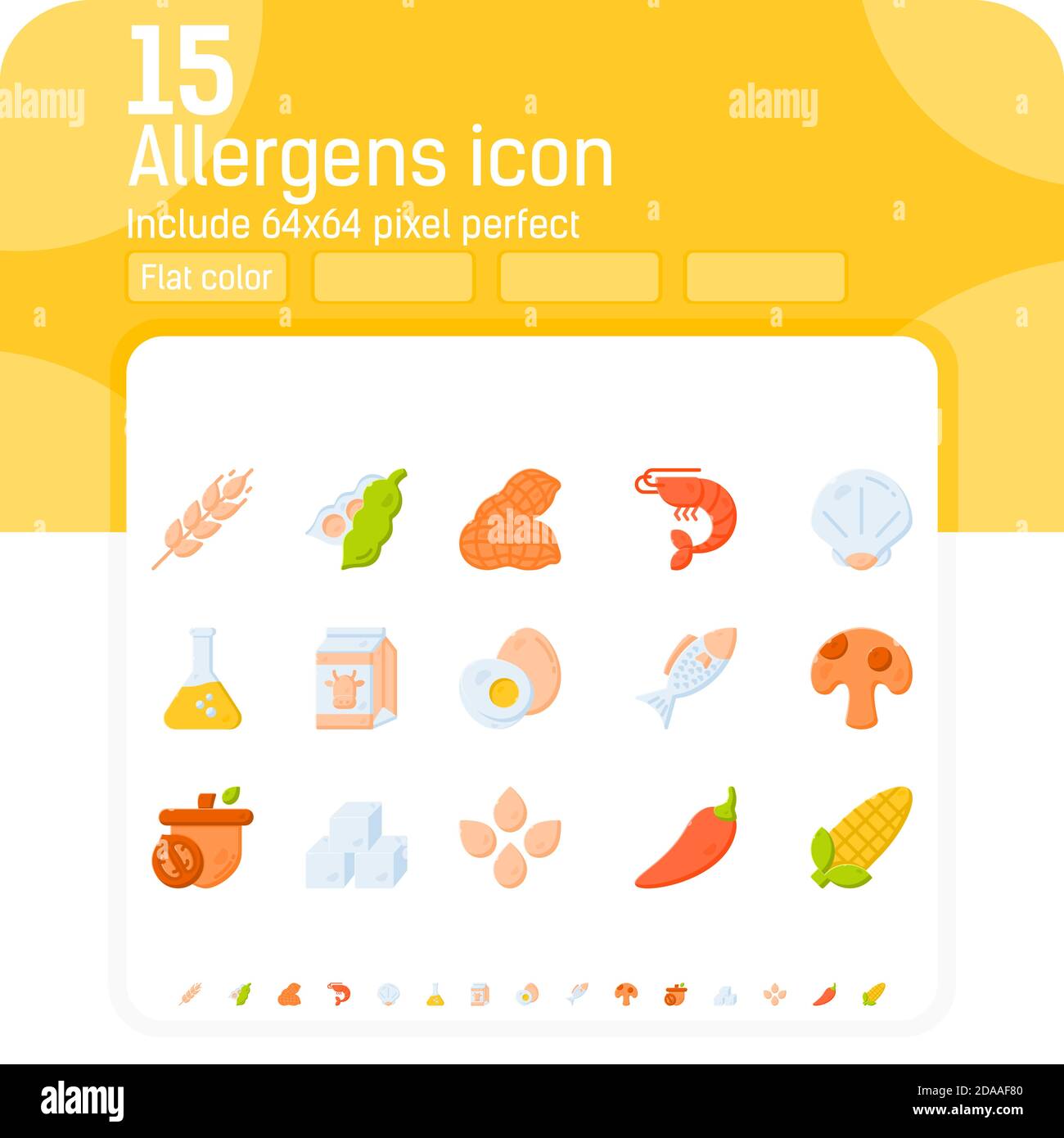 Allergens flat color icons vector set. Isolated on white background. Allergens icon with flat style. Food allergens symbols emblems signs collection Stock Vector