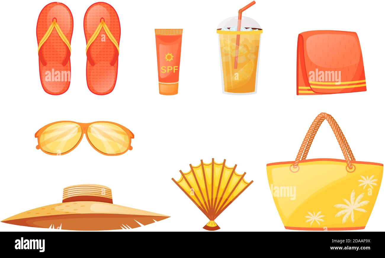 Sunbathing essentials flat color vector objects set Stock Vector
