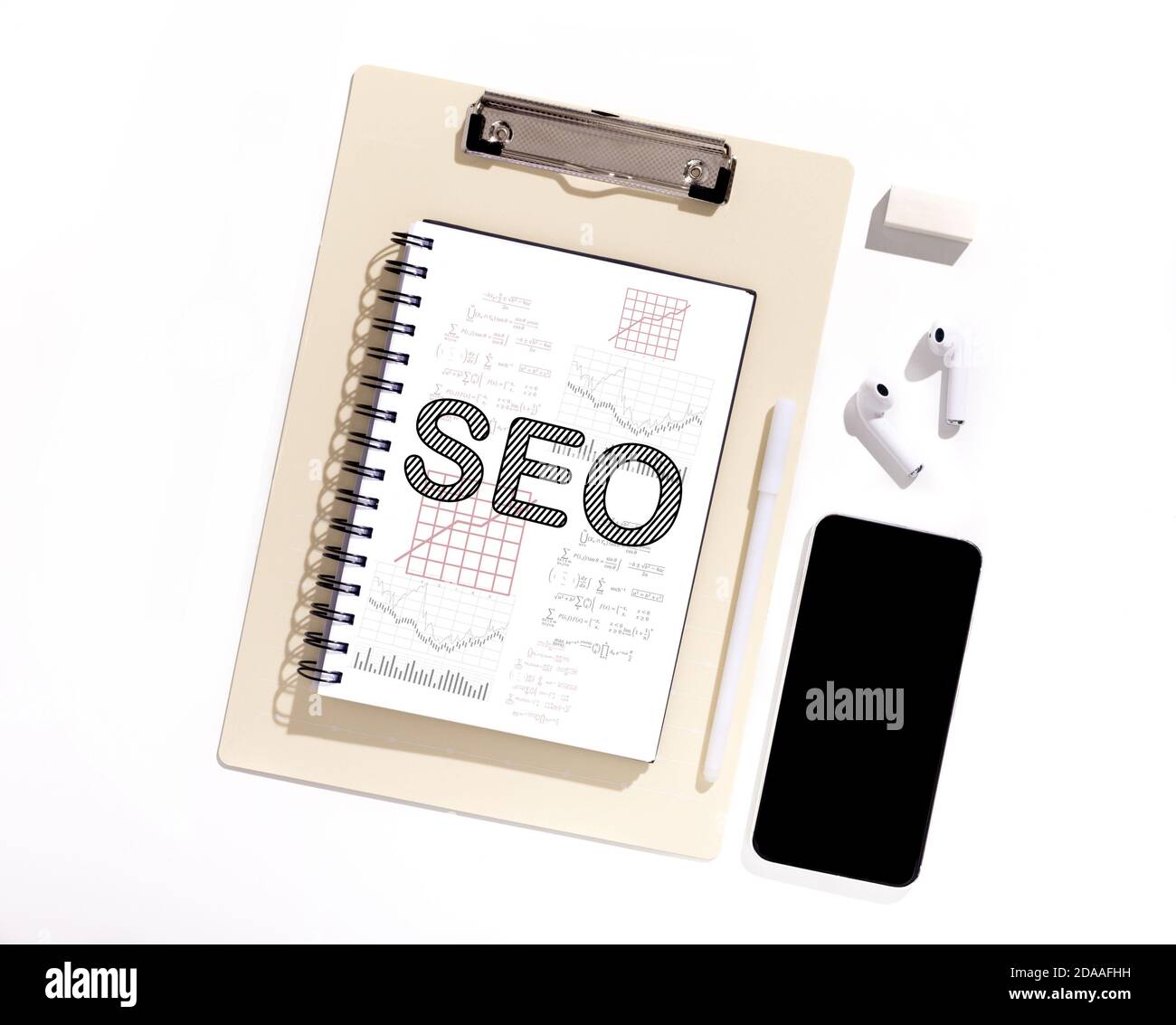 Search Engine Optimization Collage, Notebook With Keyword Seo On Desktop Stock Photo