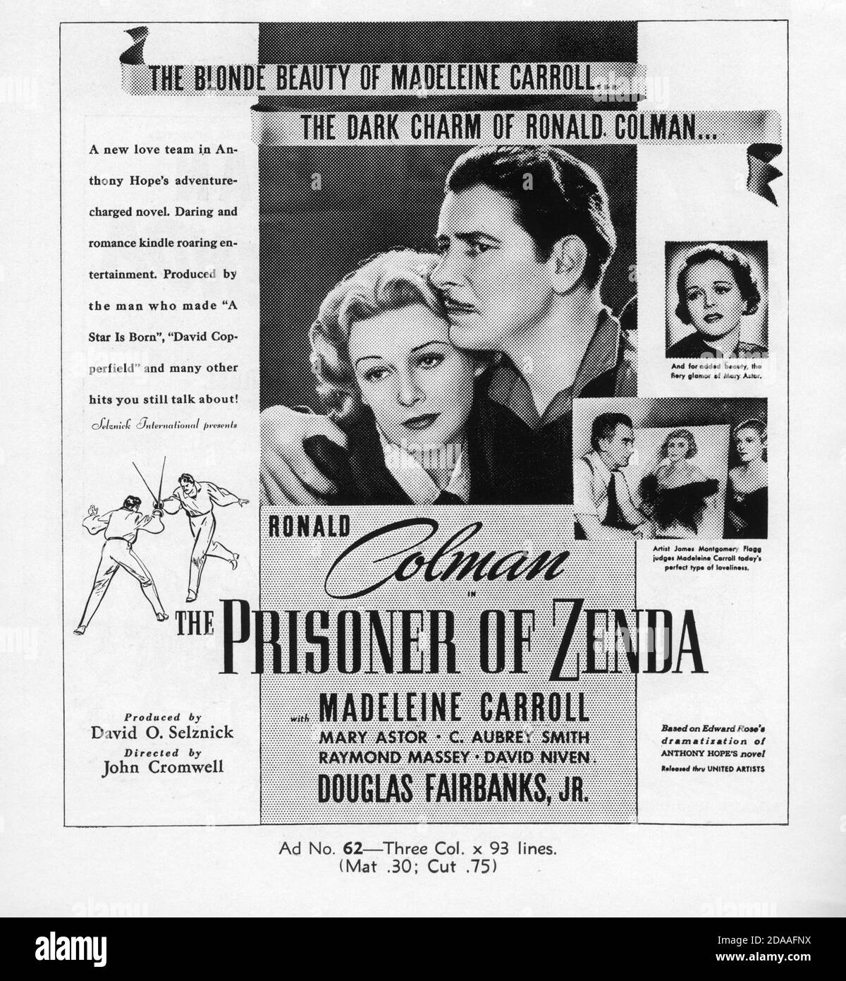 RONALD COLMAN MADELEINE CARROLL MARY ASTOR ( and artist JAMES MONTGOMERY FLAGG ) in THE PRISONER OF ZENDA 1937 director JOHN CROMWELL novel Anthony Hope screenplay John L. Balderston music Alfred Newman costumes Ernest Dryden art direction Lyle R. Wheeler producer David O. Selznick  Selznick International Pictures / United Artists Stock Photo