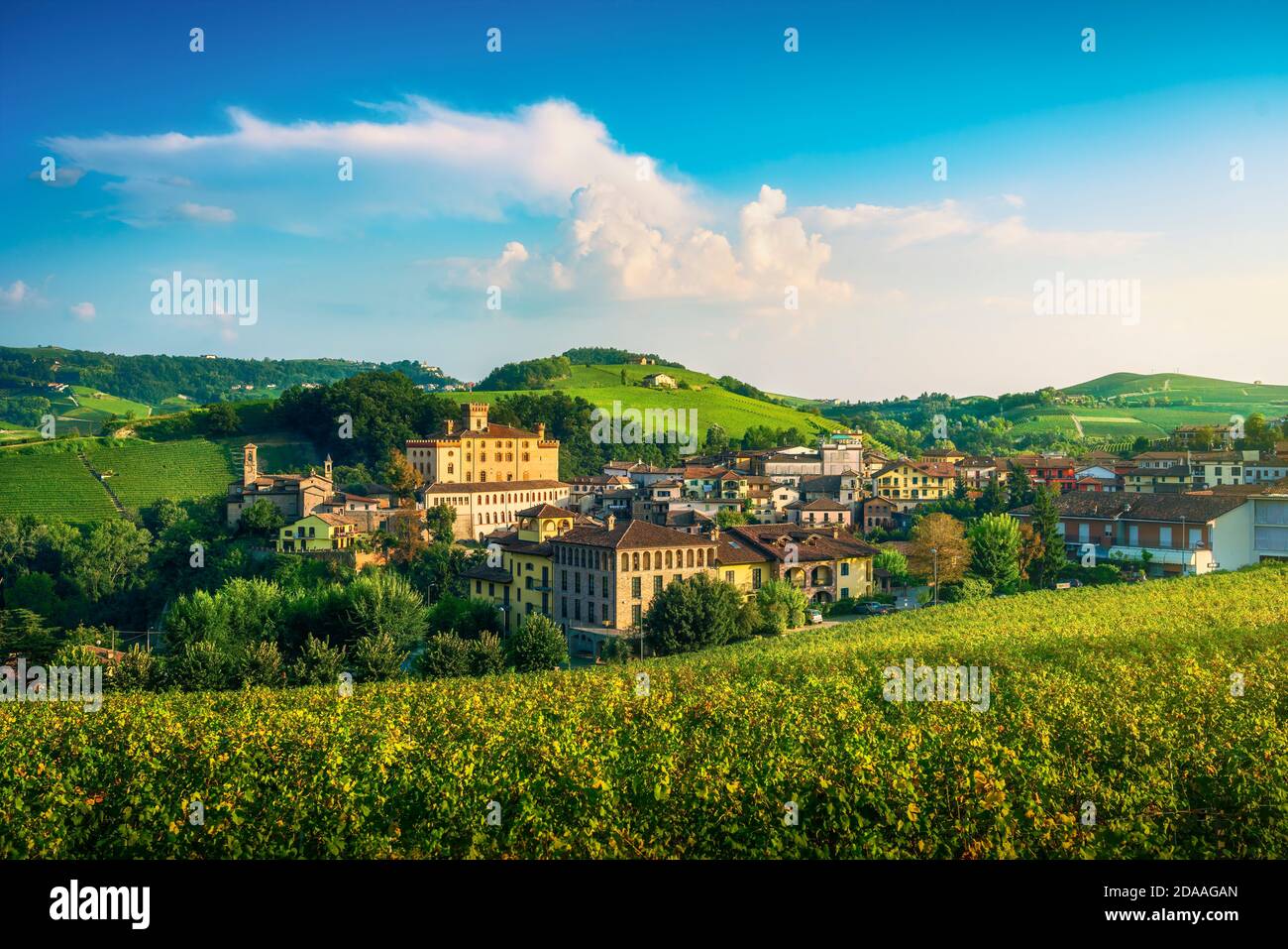 Langhe vineyards panorama, Barolo village, Unesco Site, Piedmont, Northern Italy Europe. Stock Photo
