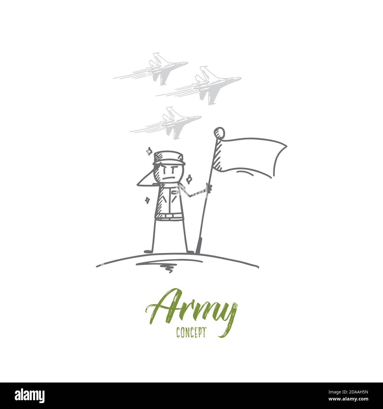Hand drawn soldier standing with flag Stock Vector