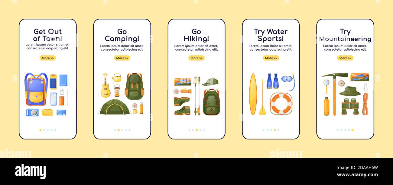 Travel equipment onboarding mobile app screen flat vector template ...