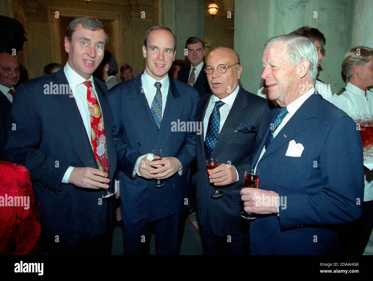 PRINCE ALBERT of Monaco with the President of the International Athletics Federation Primo Nebiolo and Ulf Ekelund Swedish Athletics Federation to the left and  Gunnar Ericsson the Swedish Olympic committe during IAAFs congress in Stockholm 1992 Stock Photo