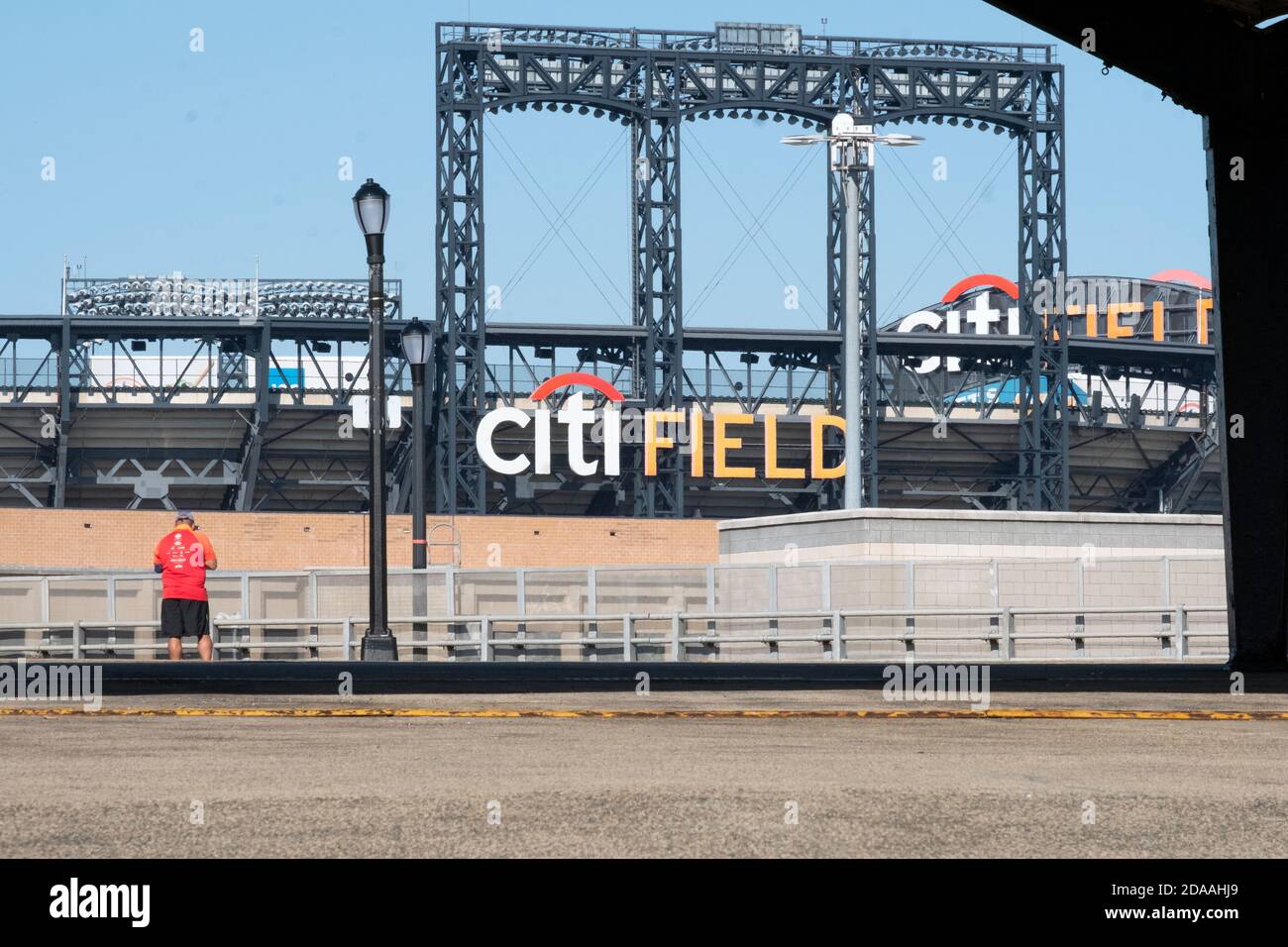 An unusual view of the exterior of Citi Field from the south in Flushing Meadows Park near the ramp to the #7 subway train. Stock Photo