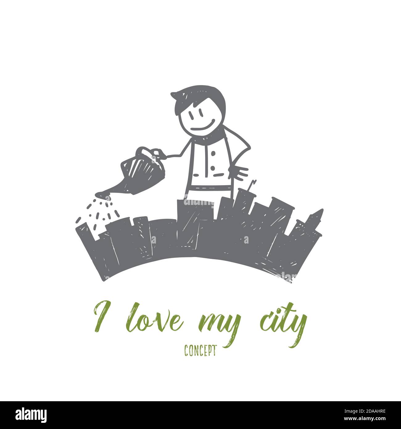 Hand drawn man puring his city from watering can Stock Vector