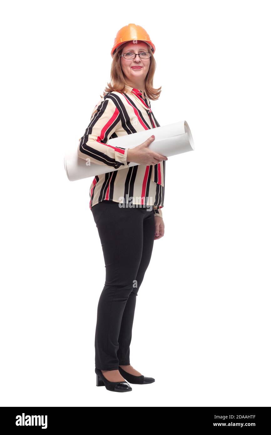in full growth. smiling woman architect with drawings Stock Photo