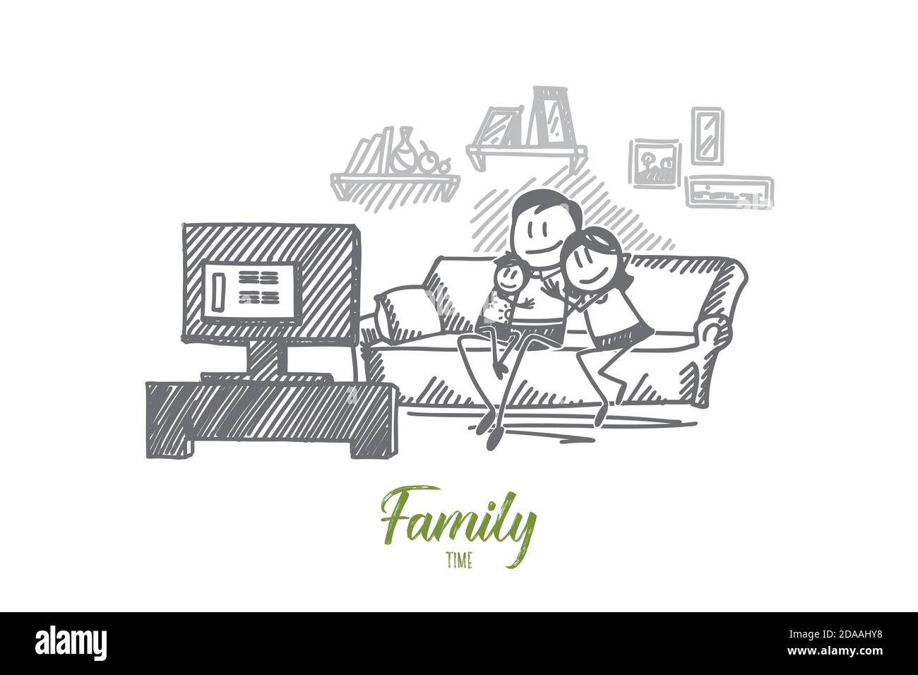 Hand drawn family watching TV on sofa together Stock Vector