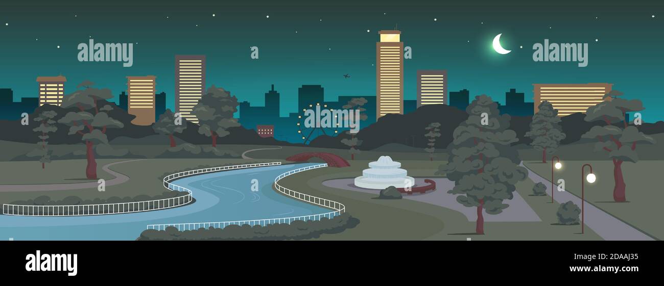 Urban park at night flat color vector illustration Stock Vector Image ...