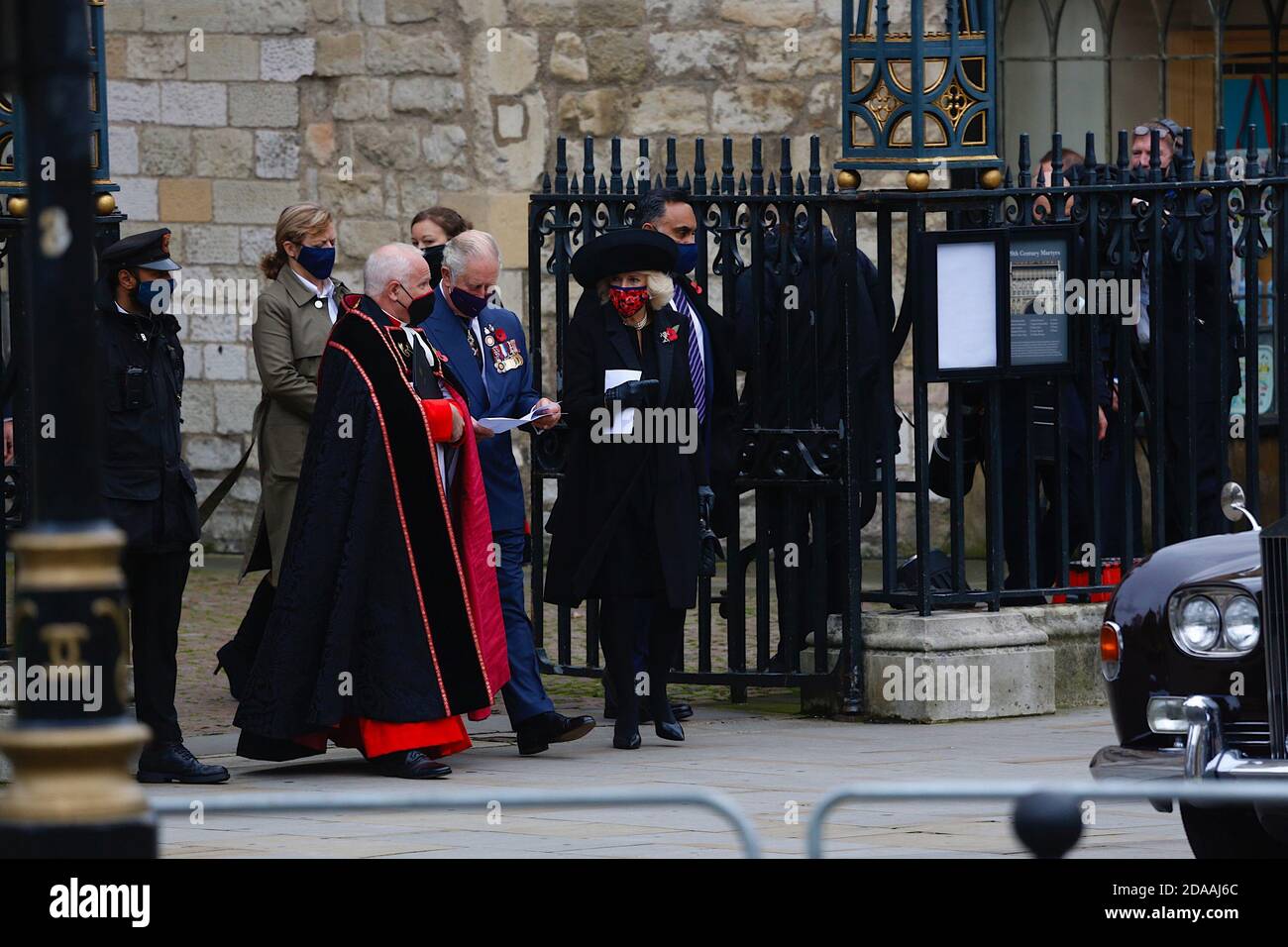 Westminster, London, UK. 11 November, 2020. Remembrance Day in London. HRH Prince Charles and Camilla Parker Bowles exit Westminster Abbey. Photo Credit: Paul Lawrenson-PAL Media/Alamy Live News Stock Photo