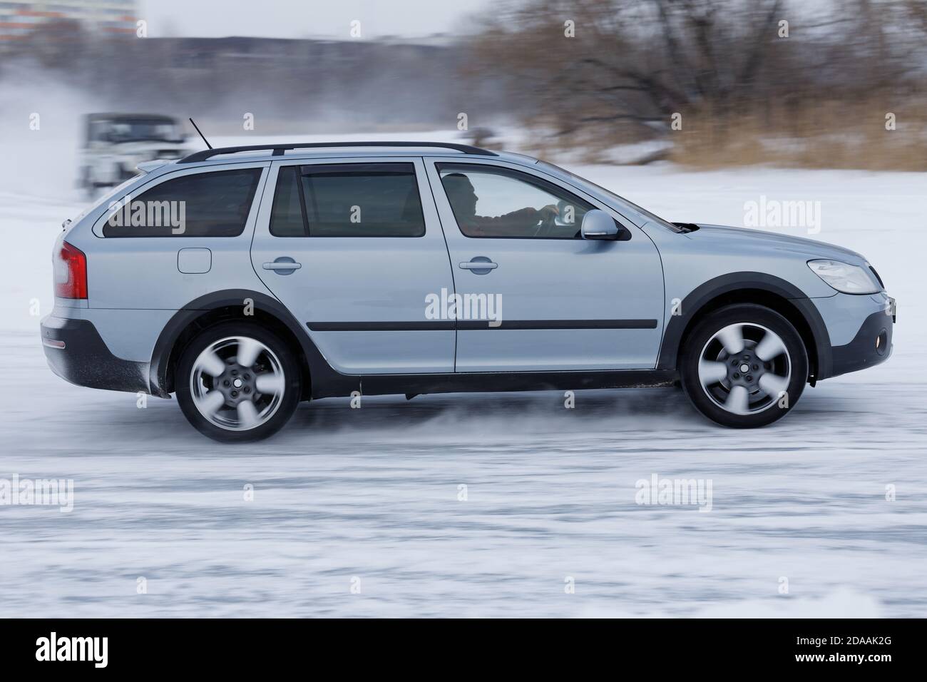 driving on a ice road Stock Photo