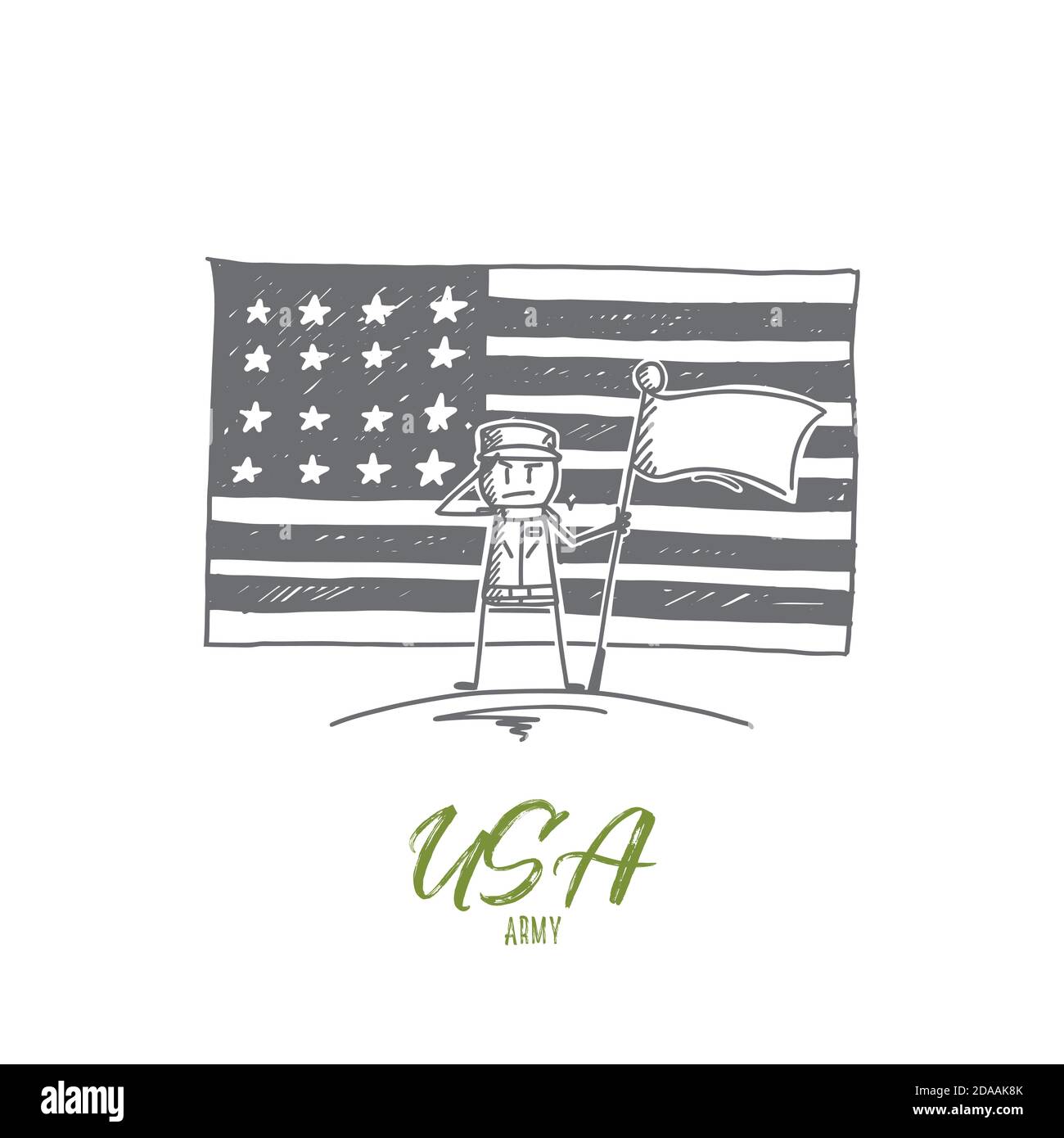Hand drawn USA soldier standing with flag Stock Vector