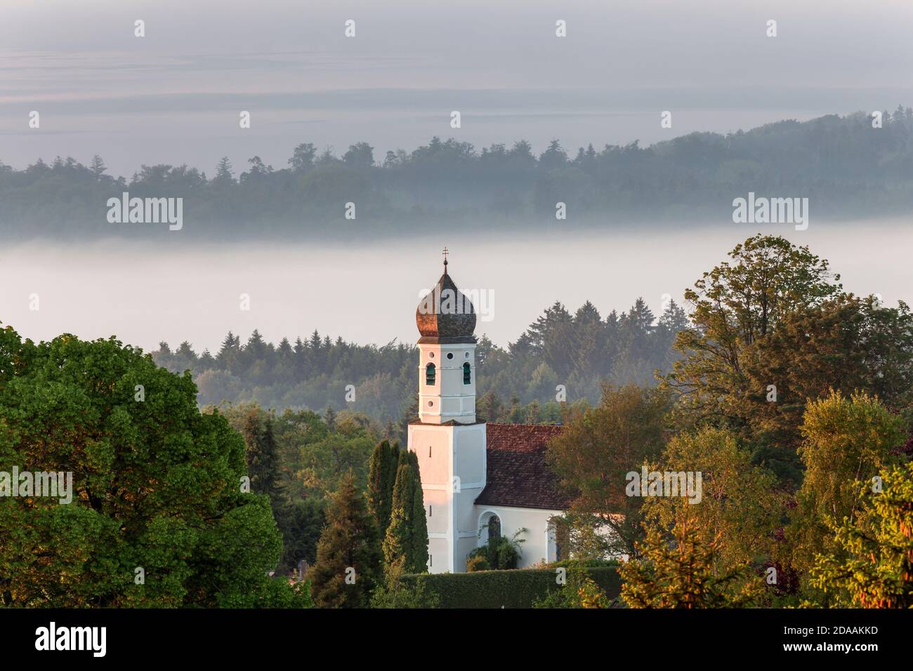 geography / travel, Germany, Bavaria, Tutzing, view von Ilkahoehe into Alpine Foothills with church St, Additional-Rights-Clearance-Info-Not-Available Stock Photo