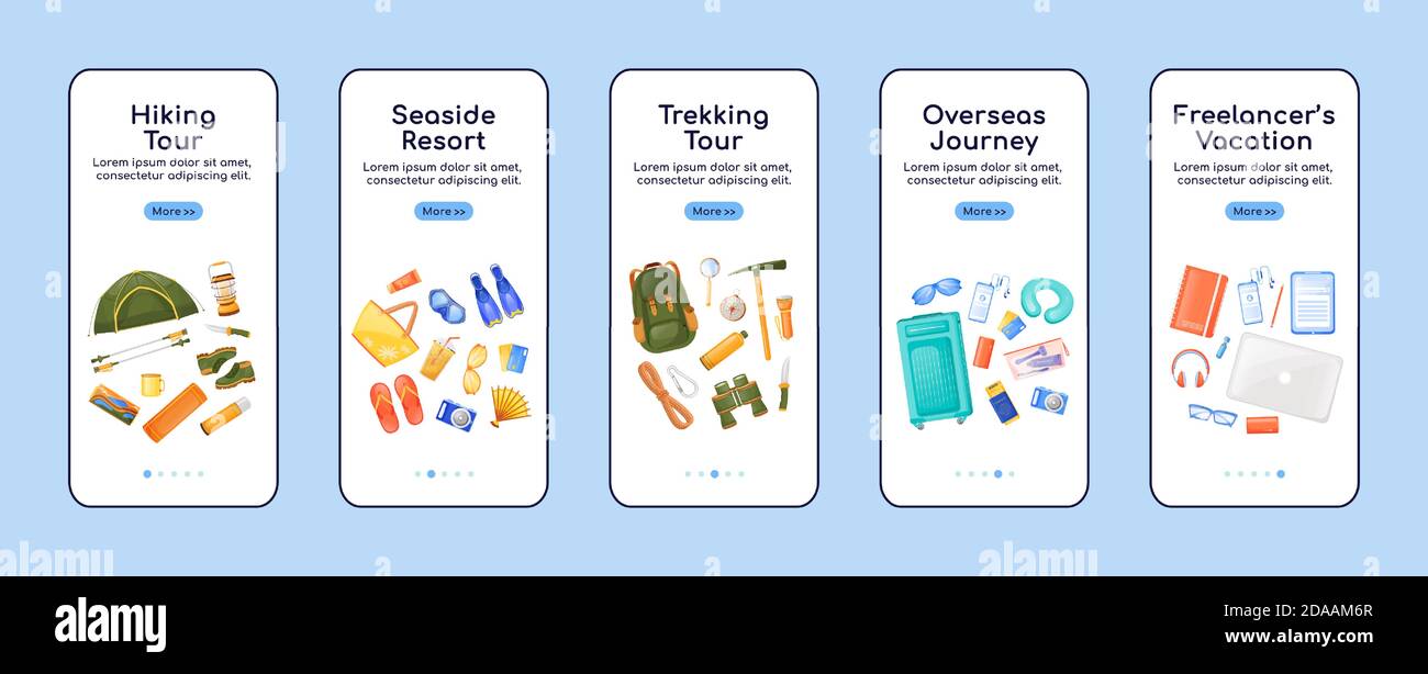 Journey essentials onboarding mobile app screen flat vector template