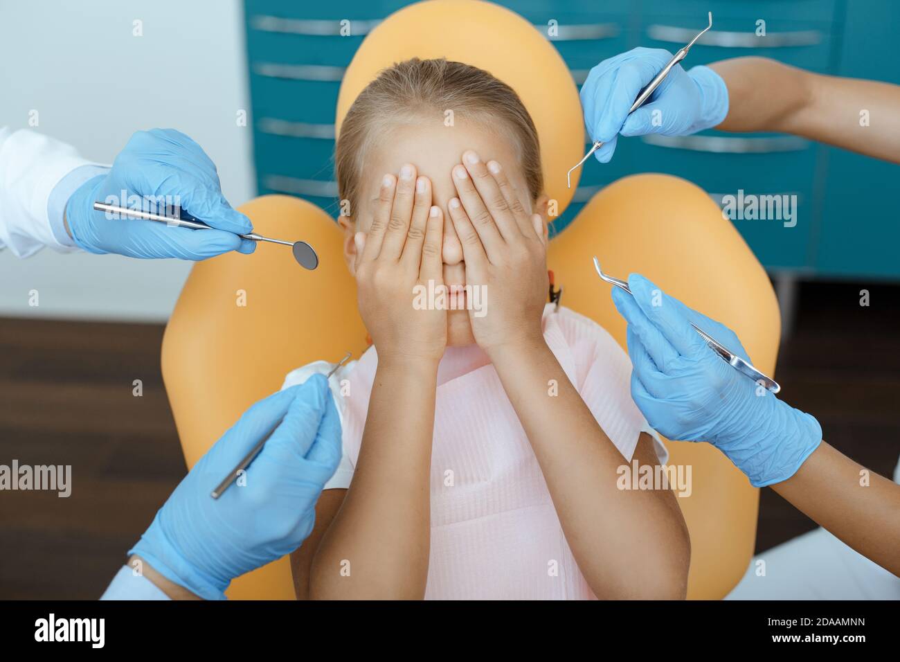 Children teeth treatment, profession help and visit to dentist Stock