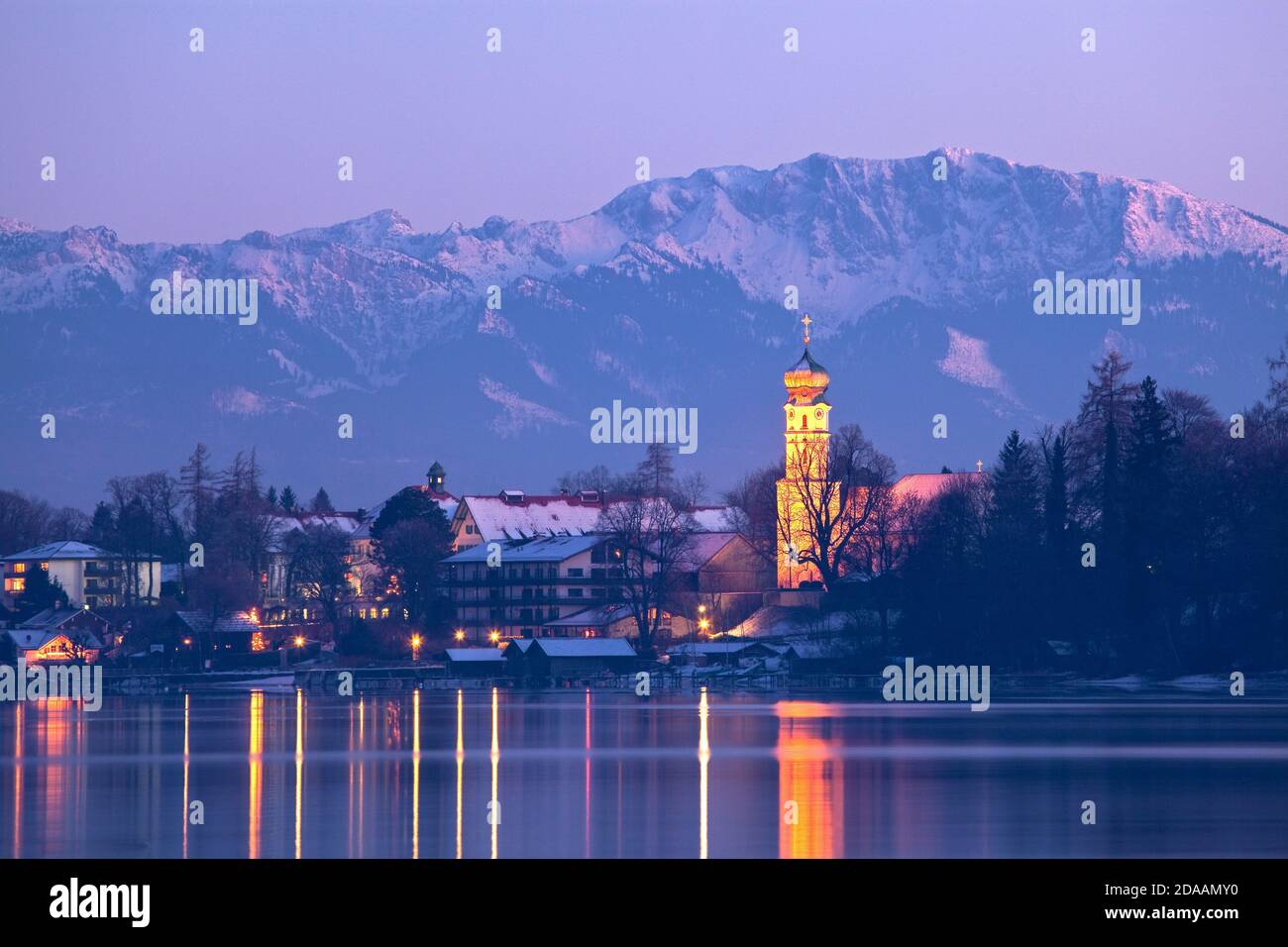 geography / travel, Germany, Bavaria, Seeshaupt, sunset at wintry Starnberg lake, Seeshaupt, Additional-Rights-Clearance-Info-Not-Available Stock Photo