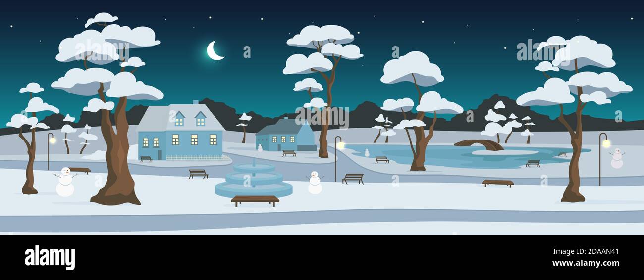Winter park at night flat color vector illustration Stock Vector Image ...
