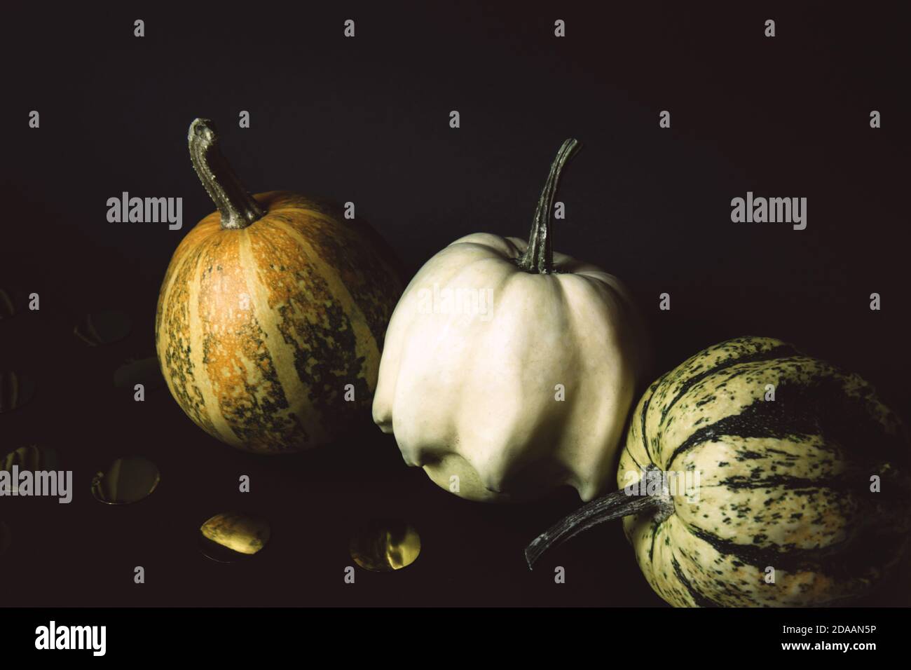 Three pumpkins and decor from paper gold confetti isolated on a black background. It's Halloween time. Halloween mood. Minimal creative stillife Stock Photo