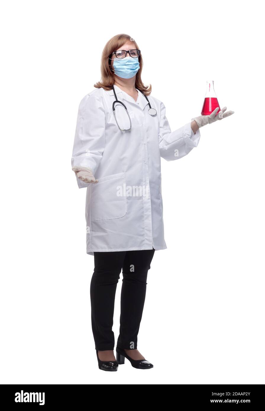 virologist in a protective mask showing the test results. Stock Photo
