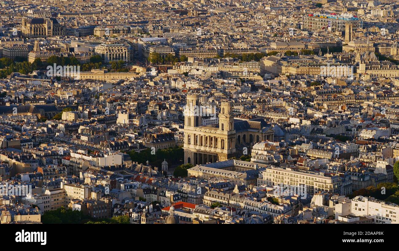 Aerial panorama view of historic city center of Paris, France with