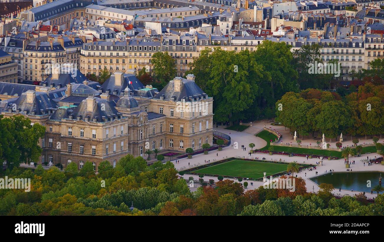 Closeup aerial view of famous Luxembourg Palace located in the garden area Jardin du Luxembourg in the historic center in Paris, France. Stock Photo