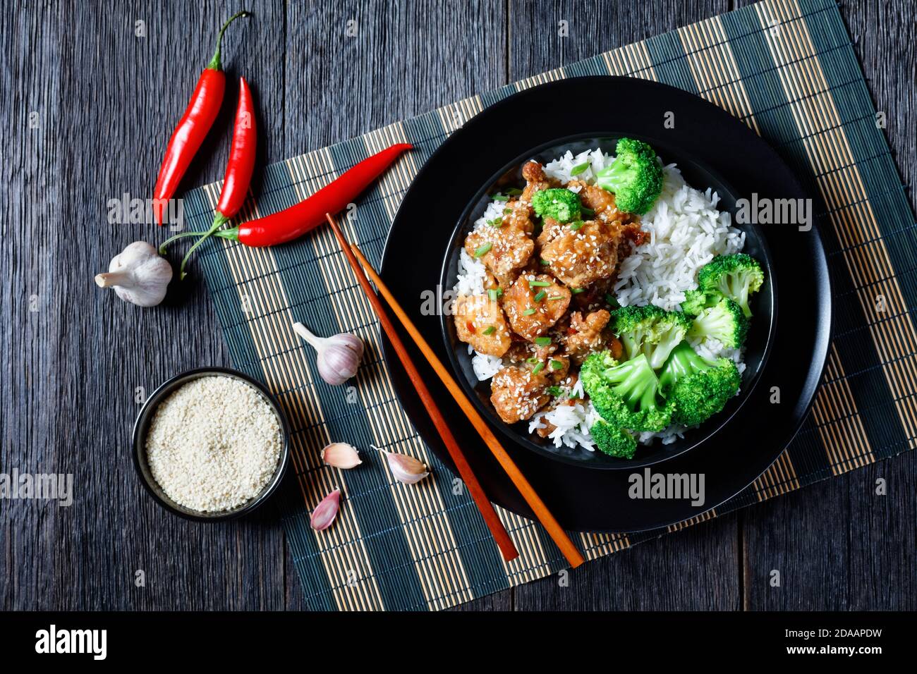 General Tso’s Chicken crispy Chinese chicken bites in a black bowl with